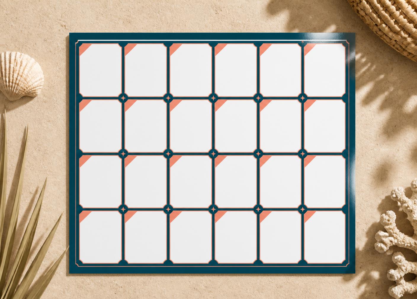 Mockup of the 8.5x11 monthly postcard with 12 ad slots on the front and 12 on the back
